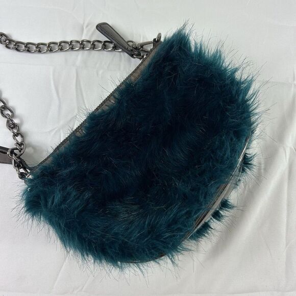 Designed In New York‎ By SHARIF Faux Fur Handbag Blue Green Chain Handle EUC - Picture 6 of 11